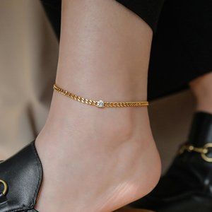3/$35 Classic Anklet Chain Ankle Bracelet Gold Stainless Steel Cubic Zirconia